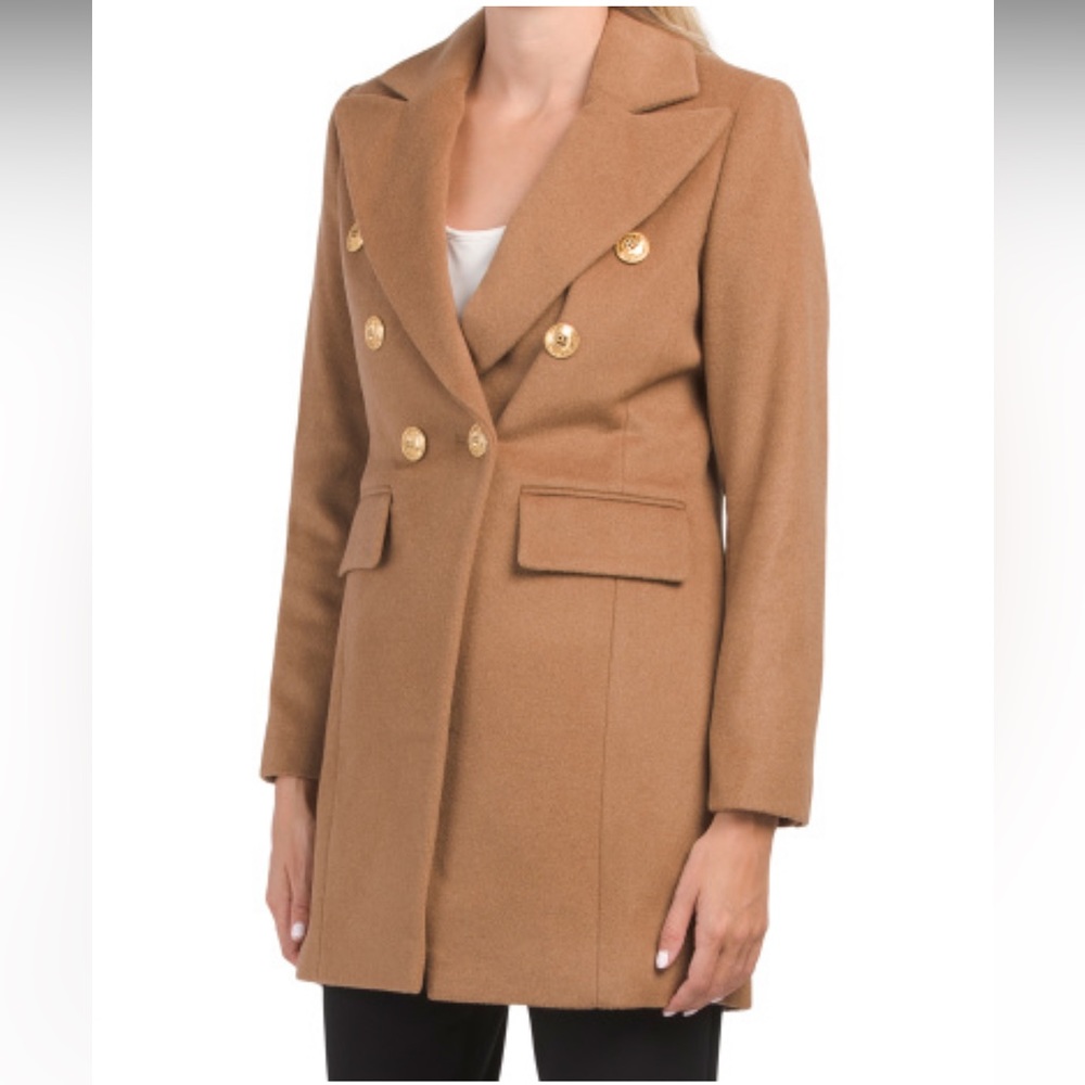 Sam Edelman Wool Blend Military Cut Coat Double-Breasted Button Closure Beige 16
